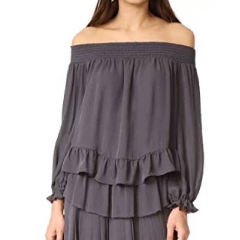 LoveShackFancy Blouse Women's Medium Gray Silk Off the Shoulder Ruffle Cuff